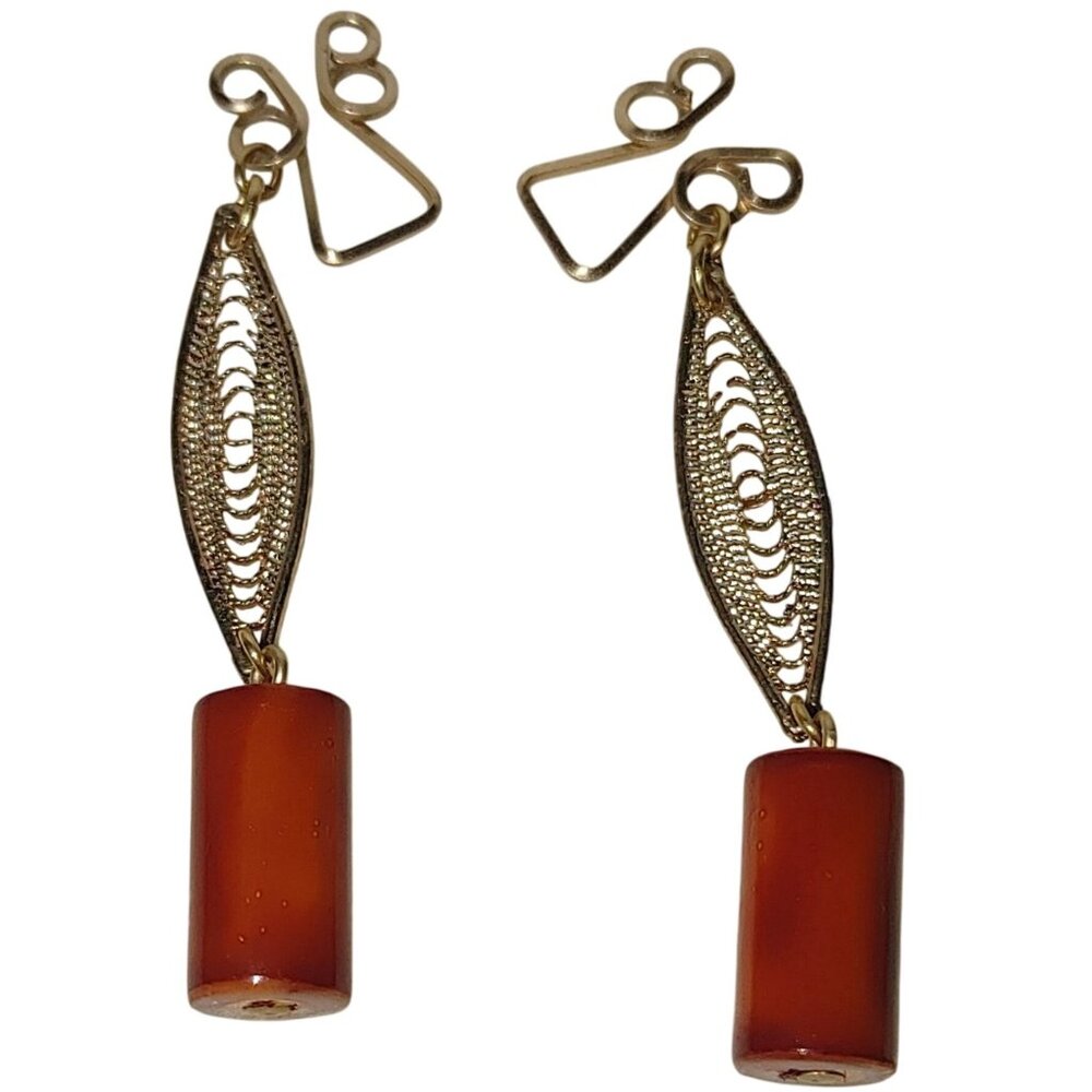 Vintage Hillcraft Gold Tone Filigree Orange Red Dangle Earrings Original Box